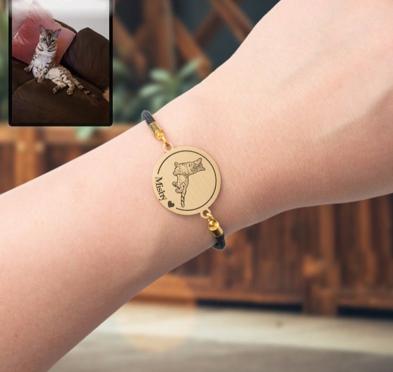 Cat memorial medallion photo bracelet — detailed engraved rainbow bridge keepsake for cat moms