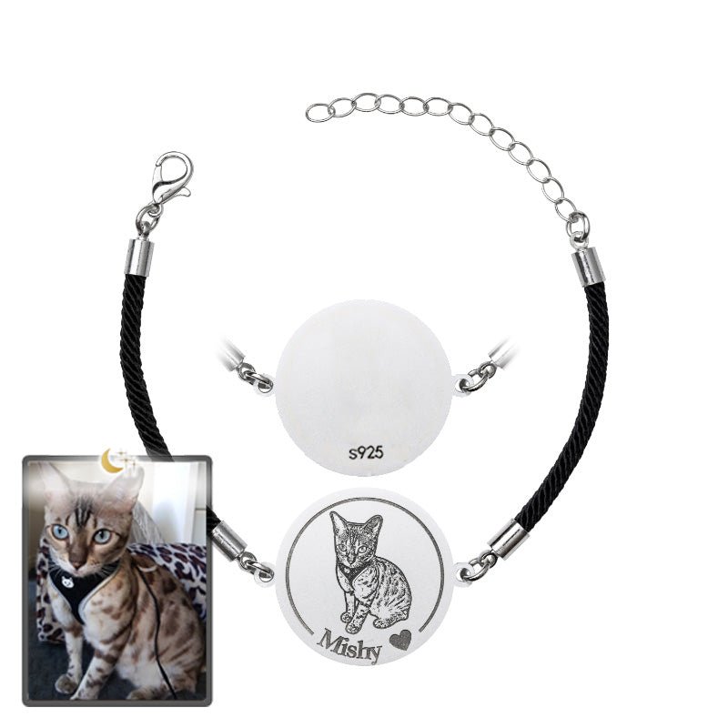 Cat memorial medallion photo bracelet in 925 sterling silver — rainbow bridge engraved tribute
