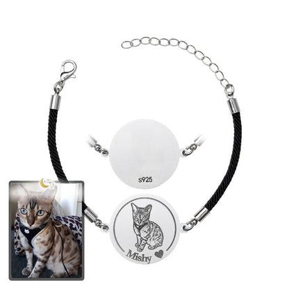 Cat memorial medallion photo bracelet in 925 sterling silver — rainbow bridge engraved tribute