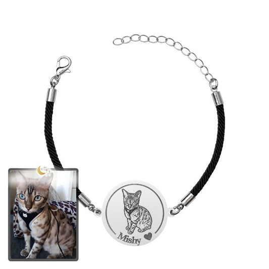 Cat memorial medallion photo bracelet in polished stainless steel — embossed portrait tribute pendant