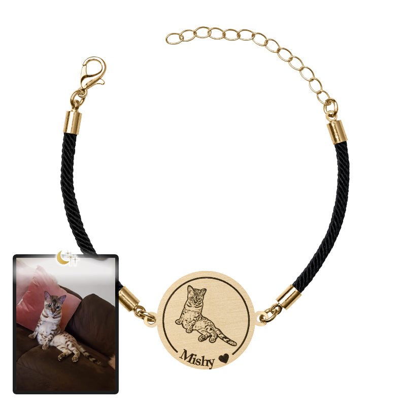 Cat memorial medallion photo bracelet in titanium gold — embossed cat memorial keepsake