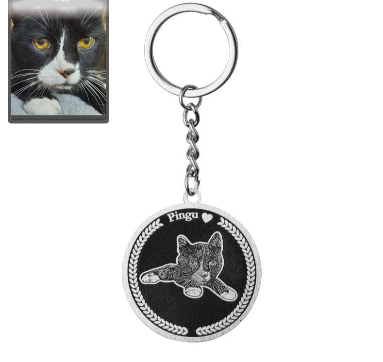 Cat memorial medallion photo keychain in polished stainless steel — embossed portrait for cat moms