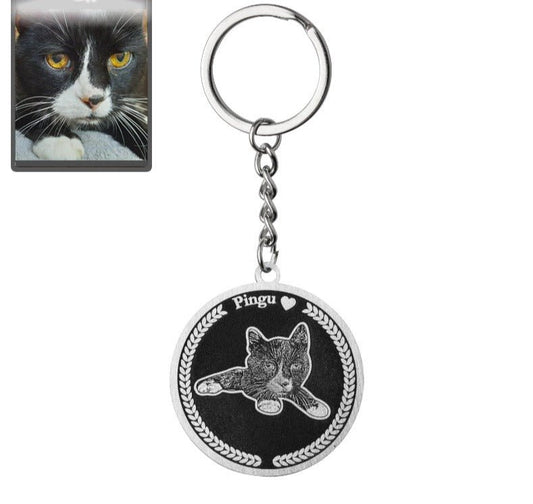 Cat memorial medallion photo keychain in polished stainless steel — embossed portrait for cat moms