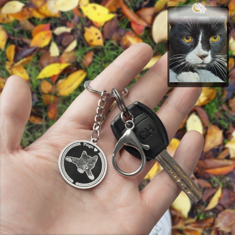 Cat memorial medallion photo keychain — detailed rainbow bridge grief gift for cat dads