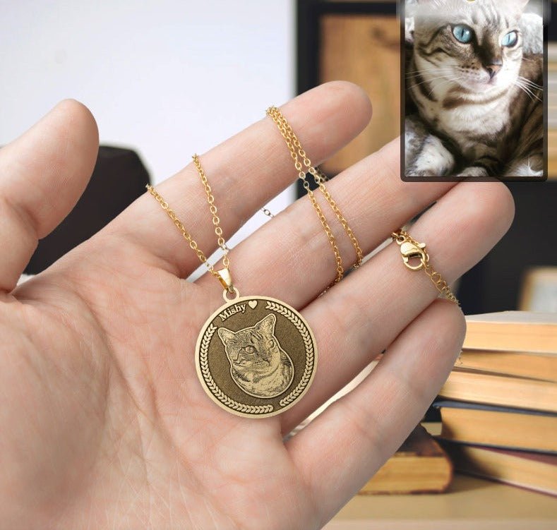 Cat memorial medallion photo necklace — embossed cat loss grief gift for cat dads and cat moms
