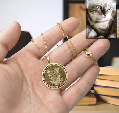 Cat memorial medallion photo necklace — embossed cat loss grief gift for cat dads and cat moms