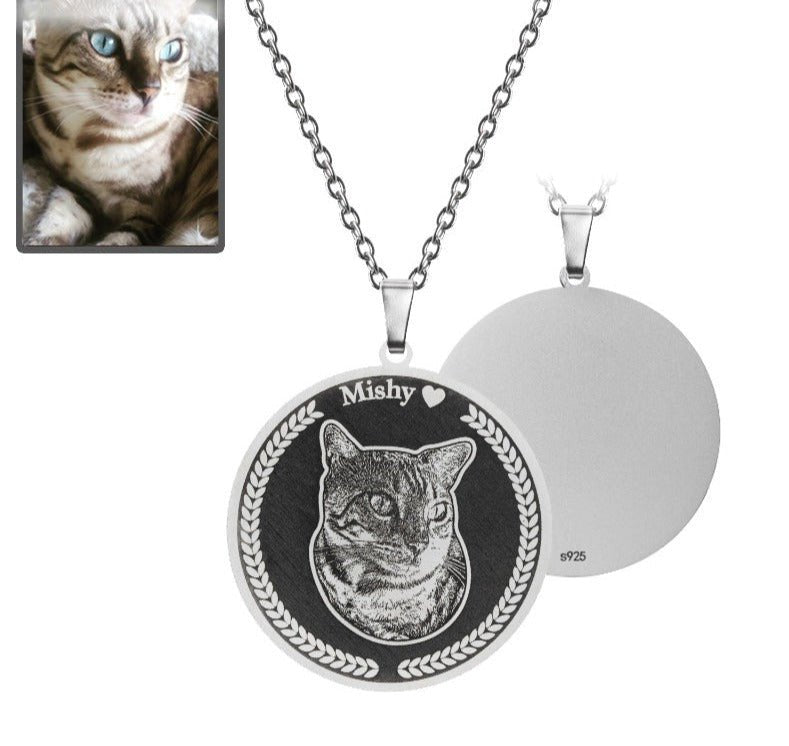 Cat memorial medallion photo necklace in 925 sterling silver — engraved cat memorial tribute