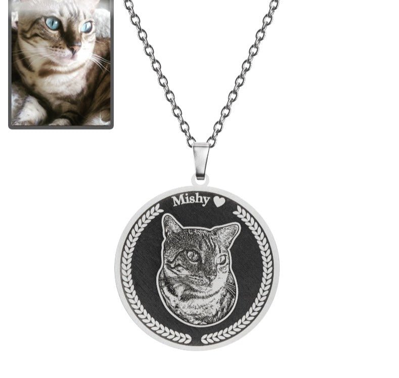 Cat memorial medallion photo necklace in polished stainless steel — embossed portrait tribute pendant