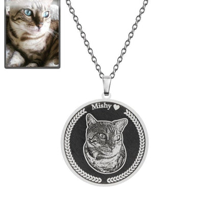 Cat memorial medallion photo necklace in polished stainless steel — embossed portrait tribute pendant