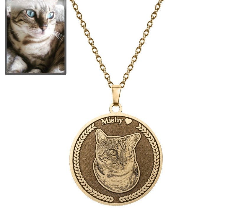 Cat memorial medallion photo necklace in titanium gold — embossed rainbow bridge keepsake