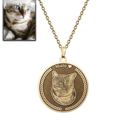 Cat memorial medallion photo necklace in titanium gold — embossed rainbow bridge keepsake