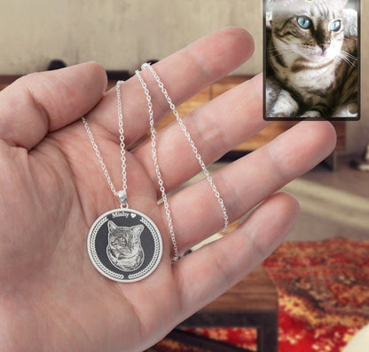Cat memorial medallion photo necklace — detailed portrait rainbow bridge keepsake for cat moms