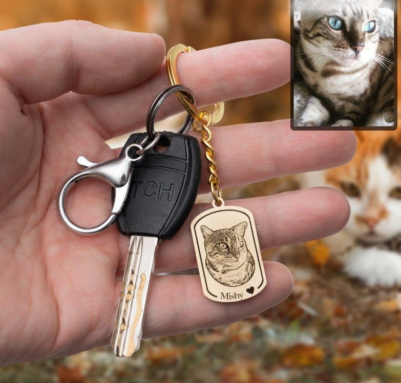 Cat photo dogtag memorial keychain — bold engraved cat loss keepsake for cat moms and dads