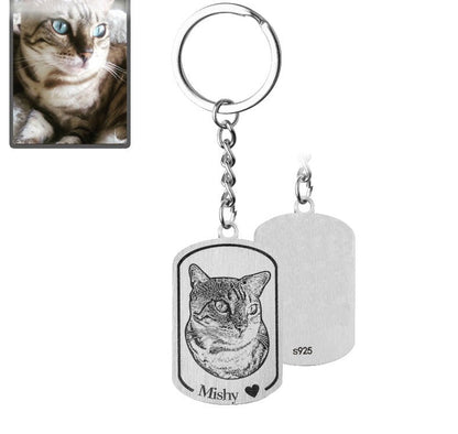 Cat photo dogtag memorial keychain in 925 sterling silver — personalized rainbow bridge gift