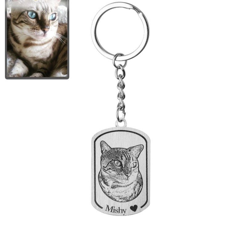 Cat photo dogtag memorial keychain in polished stainless steel — bold engraved portrait for cat moms