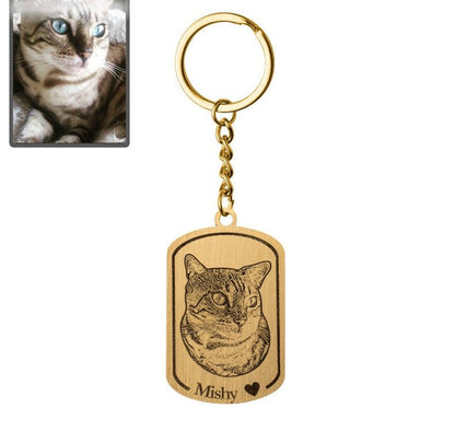 Cat photo dogtag memorial keychain in titanium gold — bold engraved cat memorial pendant