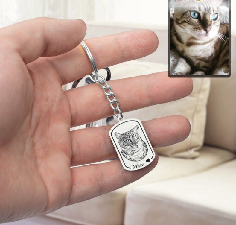 Cat photo dogtag memorial keychain — rainbow bridge grief gift for cat dads and cat lovers