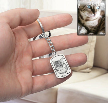 Cat photo dogtag memorial keychain — rainbow bridge grief gift for cat dads and cat lovers