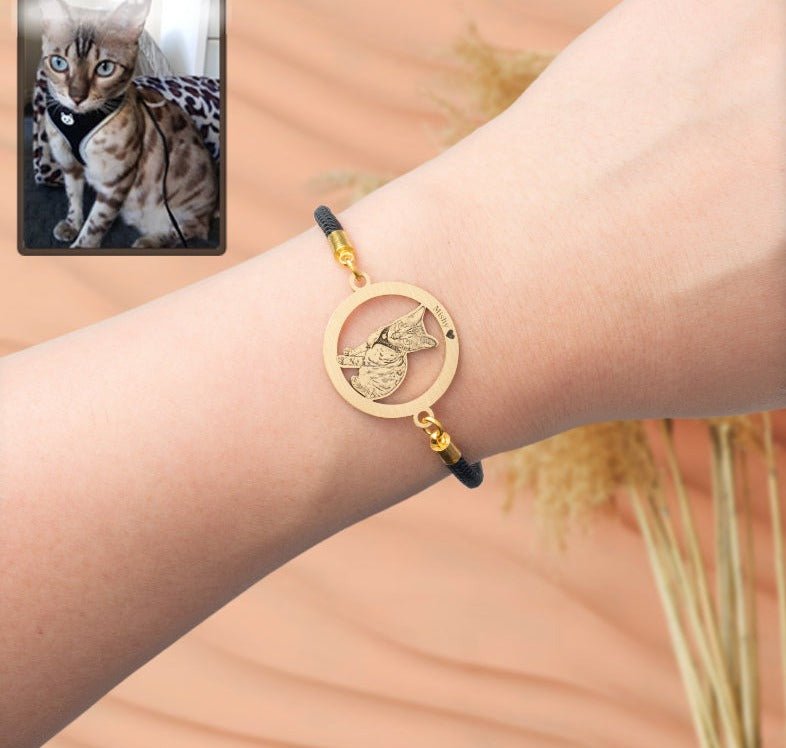 Cat silhouette halo memorial photo bracelet — engraved cat loss sympathy gift for cat dads