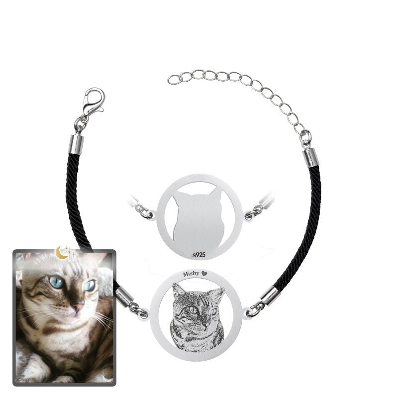 Cat silhouette halo memorial photo bracelet in 925 sterling silver — rainbow bridge tribute