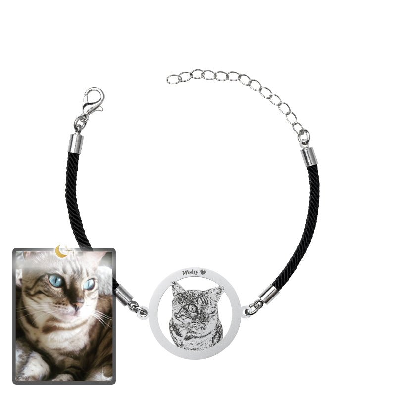 Cat silhouette halo memorial photo bracelet in polished stainless steel — minimalist engraved pendant