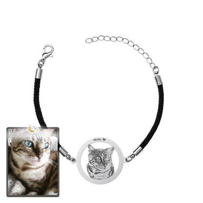 Cat silhouette halo memorial photo bracelet in polished stainless steel — minimalist engraved pendant