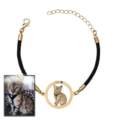 Cat silhouette halo memorial photo bracelet in titanium gold — minimalist cat memorial keepsake