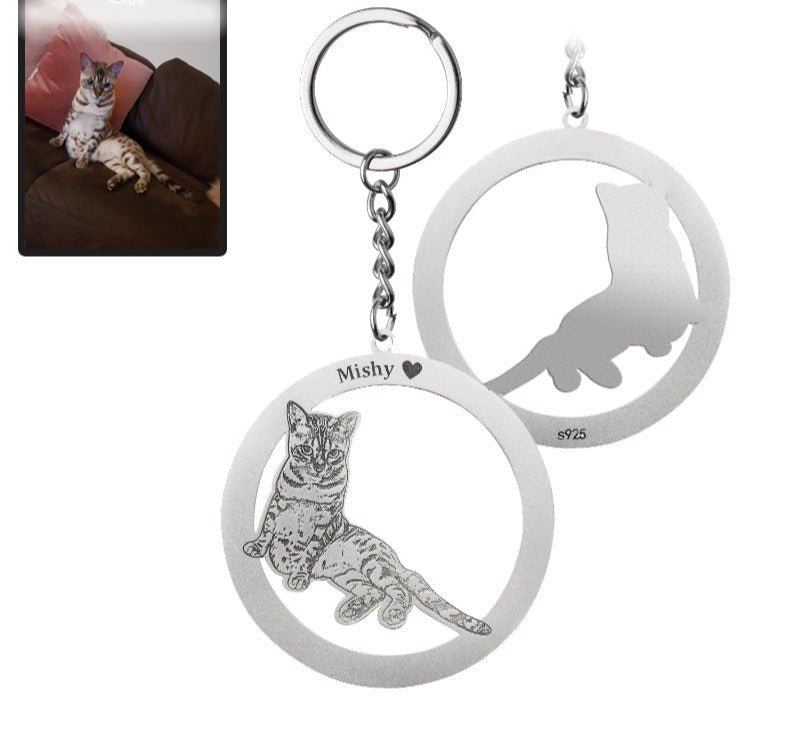 Cat silhouette halo memorial photo keychain in 925 sterling silver — minimalist cat loss keepsake