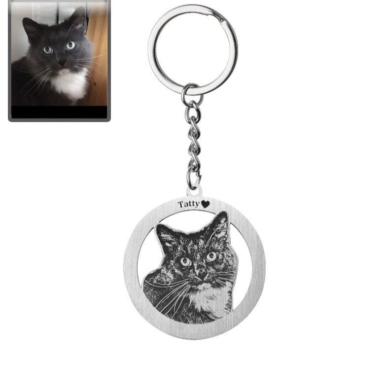 Cat silhouette halo memorial photo keychain in polished stainless steel — minimalist engraved pendant