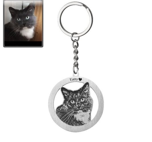 Cat silhouette halo memorial photo keychain in polished stainless steel — minimalist engraved pendant