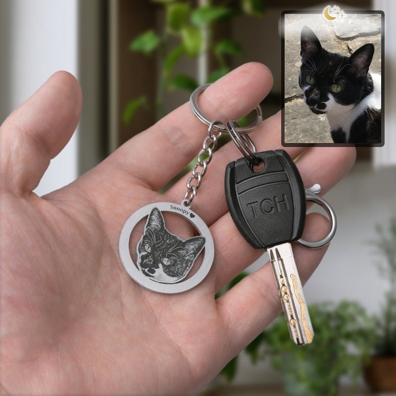 Cat silhouette halo memorial photo keychain — rainbow bridge grief gift for cat moms and dads