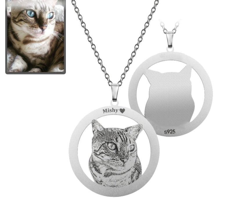 Cat silhouette halo memorial photo necklace in 925 sterling silver — rainbow bridge sympathy gift