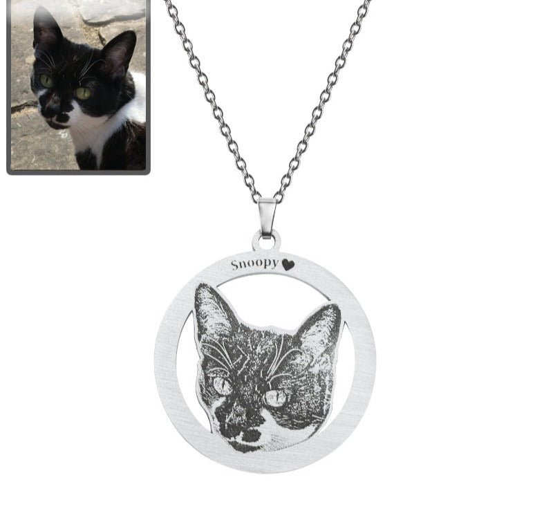 Cat silhouette halo memorial photo necklace in polished stainless steel — minimalist engraved tribute