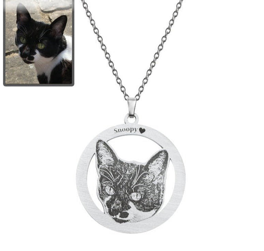 Cat silhouette halo memorial photo necklace in polished stainless steel — minimalist engraved tribute
