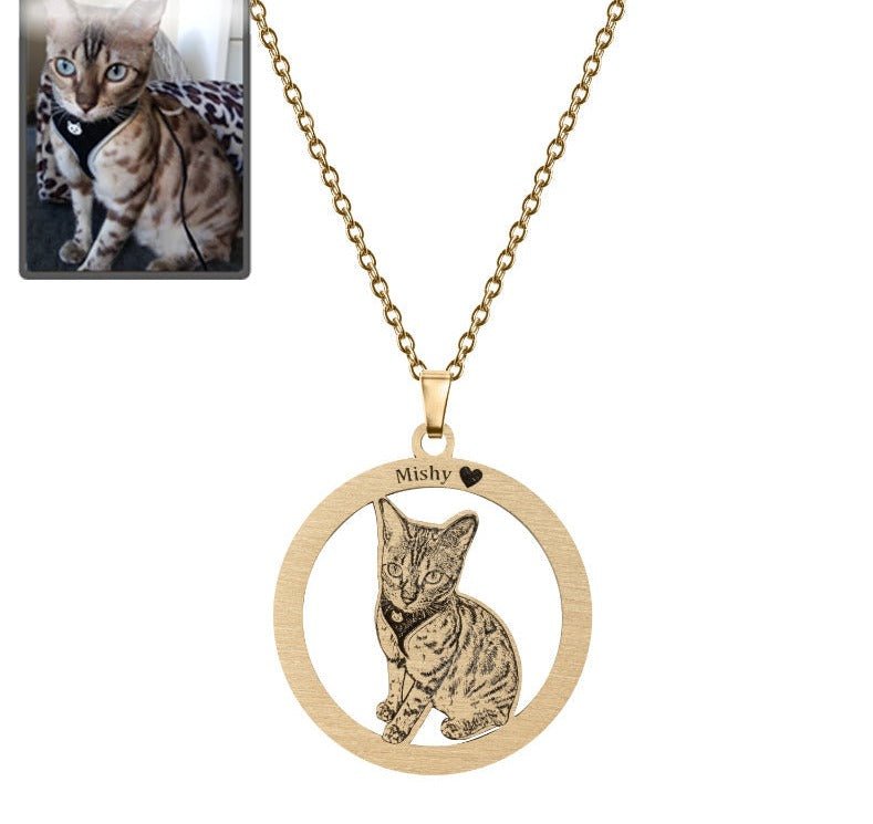 Cat silhouette halo memorial photo necklace in titanium gold — minimalist cat loss pendant