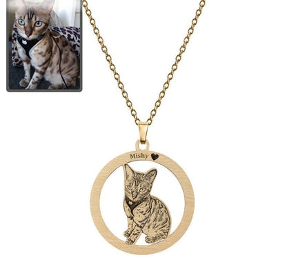Cat silhouette halo memorial photo necklace in titanium gold — minimalist cat loss pendant