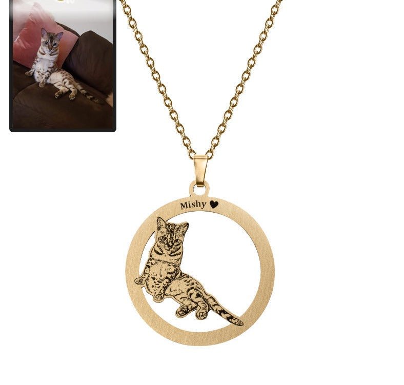 Cat silhouette halo memorial photo necklace — minimalist engraved cat memorial for cat lovers