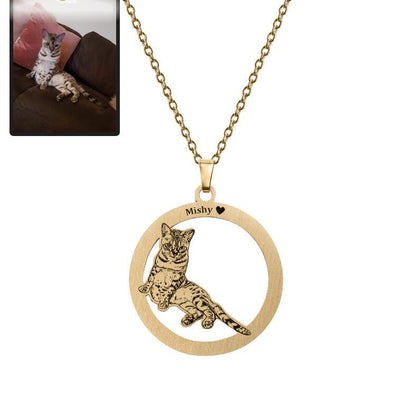 Cat silhouette halo memorial photo necklace — minimalist engraved cat memorial for cat lovers