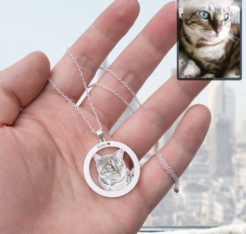 Cat silhouette halo memorial photo necklace — rainbow bridge grief keepsake for cat moms and dads
