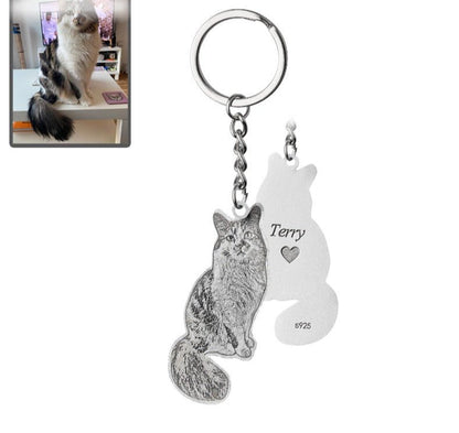 Cat silhouette memorial photo keychain in 925 sterling silver — personalized rainbow bridge gift
