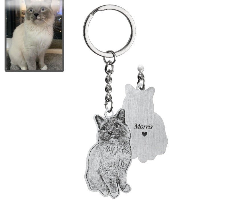 Cat silhouette memorial photo keychain in polished stainless steel — engraved rainbow bridge pendant