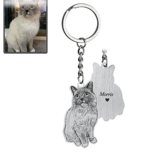 Cat silhouette memorial photo keychain in polished stainless steel — engraved rainbow bridge pendant