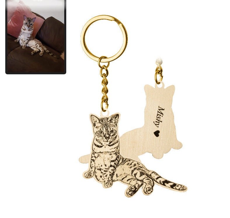 Cat silhouette memorial photo keychain in titanium gold — minimalist cat loss keepsake