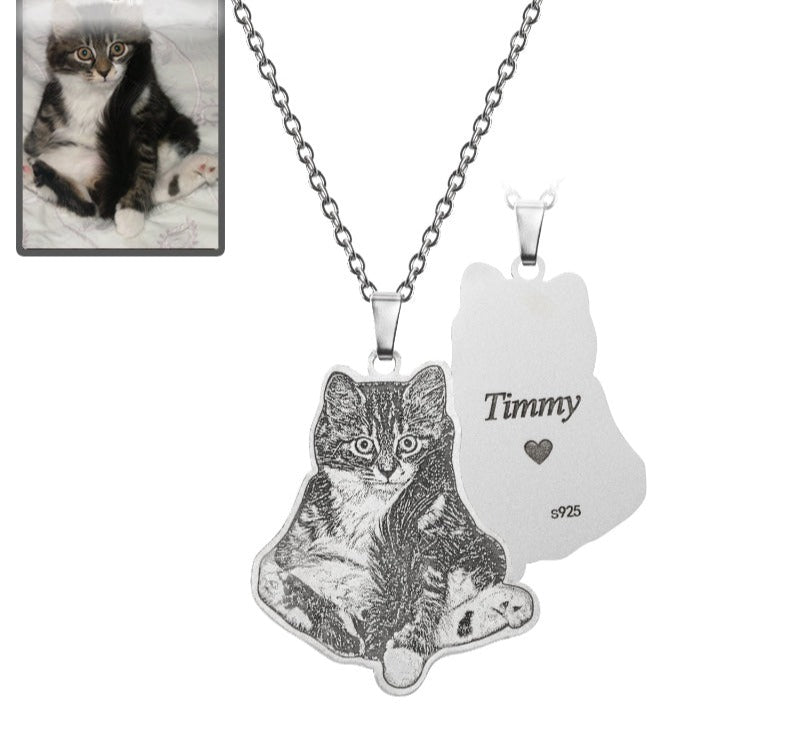Cat silhouette memorial photo necklace in 925 sterling silver — minimalist cat memorial keepsake