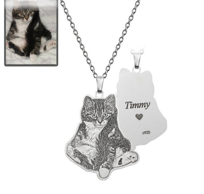Cat silhouette memorial photo necklace in 925 sterling silver — minimalist cat memorial keepsake