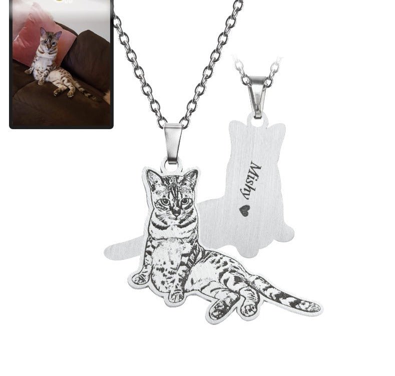 Cat silhouette memorial photo necklace in polished stainless steel — engraved rainbow bridge tribute