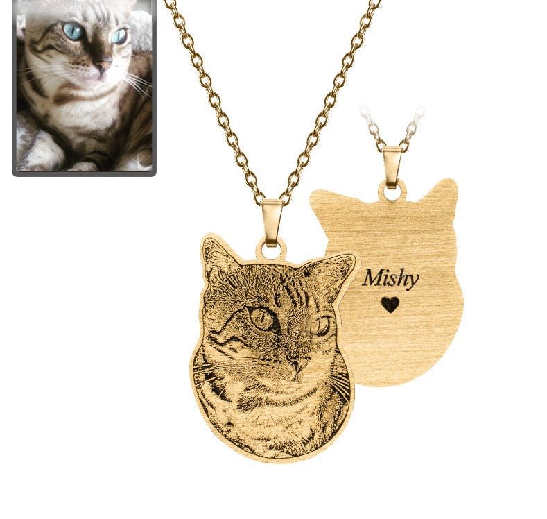 Cat silhouette memorial photo necklace in titanium gold — engraved rainbow bridge sympathy gift