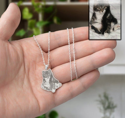 Cat silhouette memorial photo necklace — sympathy grief gift for cat moms and cat dads