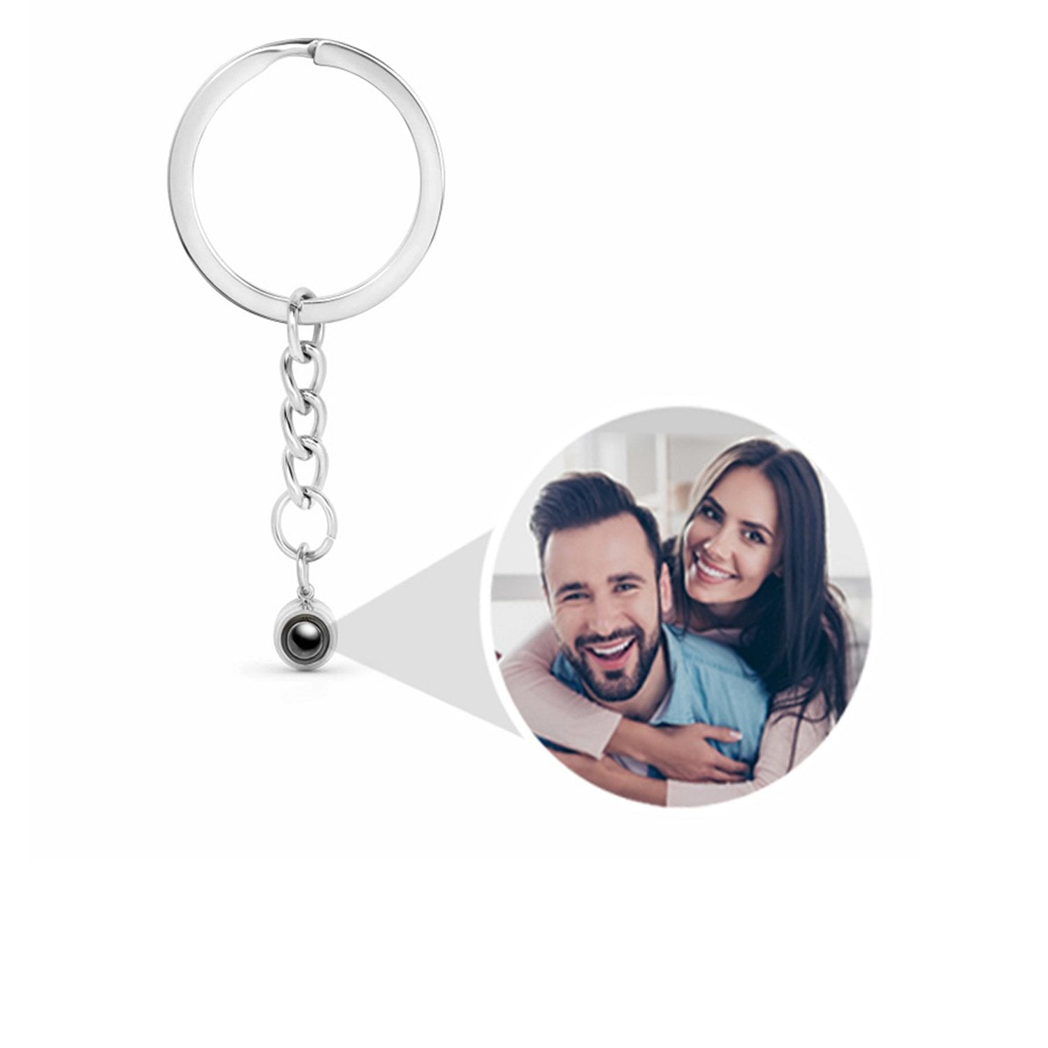 Circle photo keychain with picture inside in silver — minimalist hidden photo keepsake for women and men