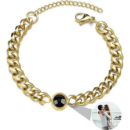 Custom photo projection Cuban link bracelet in polished gold — custom photo projection jewelry for couples